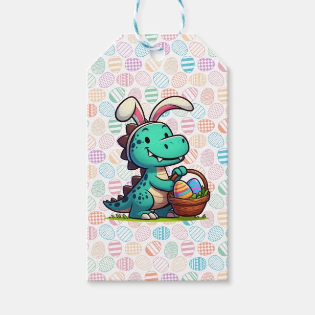 Cute, Easter bunny dinosaur Gift Tags (Front)