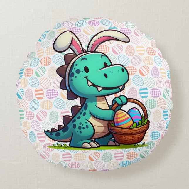 Cute, Easter bunny dinosaur Round Cushion (Front)