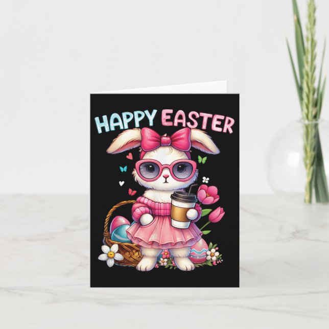 Cute Easter Bunny Drinking Ice Coffee Easter Bow W Card (Front)