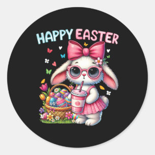Cute Easter Bunny Drinking Ice Coffee Easter Bow W Classic Round Sticker
