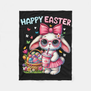 Cute Easter Bunny Drinking Ice Coffee Easter Bow W Fleece Blanket