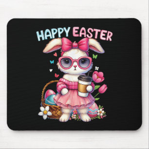 Cute Easter Bunny Drinking Ice Coffee Easter Bow W Mouse Mat