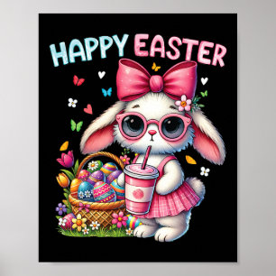 Cute Easter Bunny Drinking Ice Coffee Easter Bow W Poster