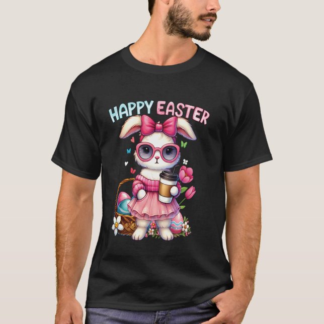Cute Easter Bunny Drinking Ice coffee Easter Bow W T-Shirt (Front)