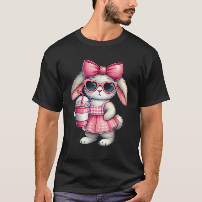 Cute Easter Bunny drinking Ice coffee Easter Bow W T-Shirt (Front)