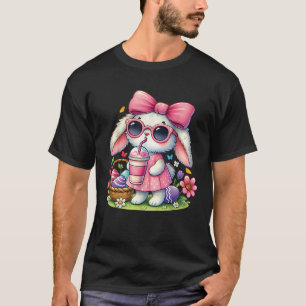 Cute Easter Bunny drinking Ice coffee Easter Bow W T-Shirt