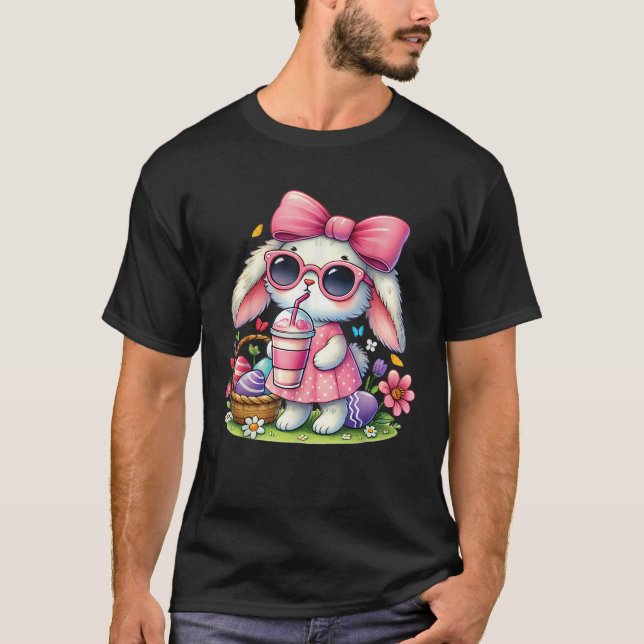 Cute Easter Bunny drinking Ice coffee Easter Bow W T-Shirt (Front)