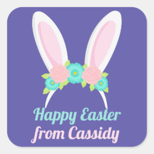Cute Easter Bunny Ears Custom Purple Chic Floral Square Sticker