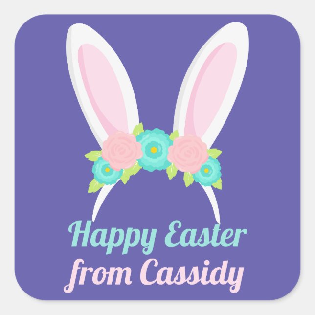 Cute Easter Bunny Ears Custom Purple Chic Floral Square Sticker (Front)