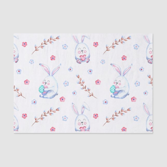 Cute Easter Bunny, Easter Eggs and Flowers Tissue Paper (Front)