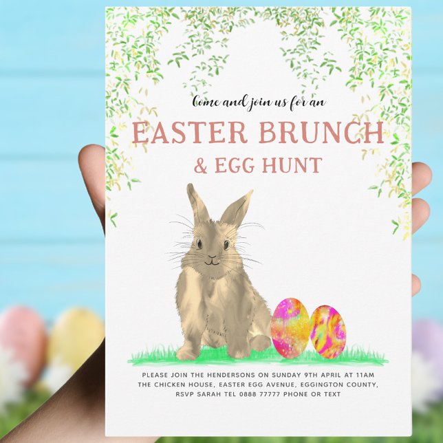 Cute Easter Bunny Egg Hunt and Brunch  Invitation (Easter brunch and egg hunt cute bunny and colorful eggs invitation)