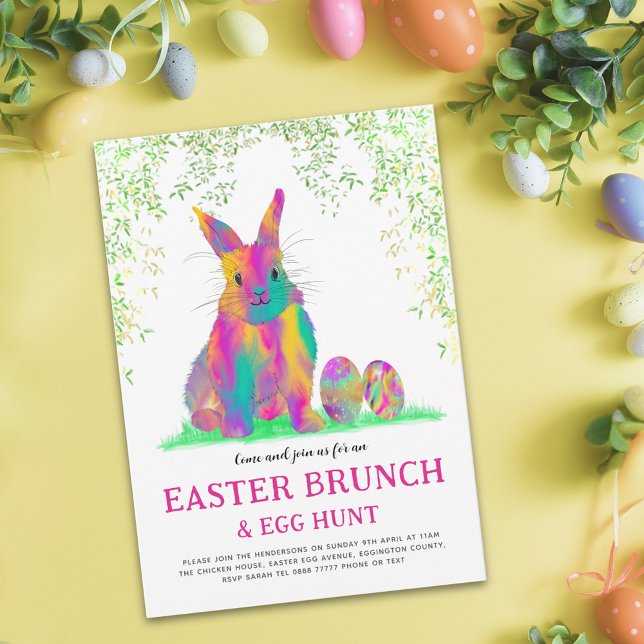 Cute Easter Bunny Egg Hunt and Brunch Pink Invitation Postcard (Easter brunch egg hunt cute pink bunny colorful watercolor Easter eggs spring party invitation)