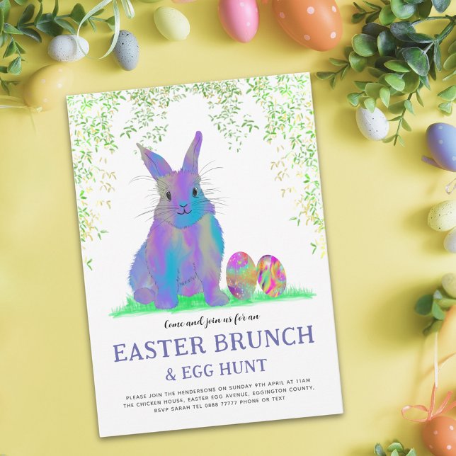 Cute Easter Bunny Egg Hunt and Brunch Purple Invitation (Easter egg hunt brunch cute purple bunny and eggs watercolor garden party invitation)