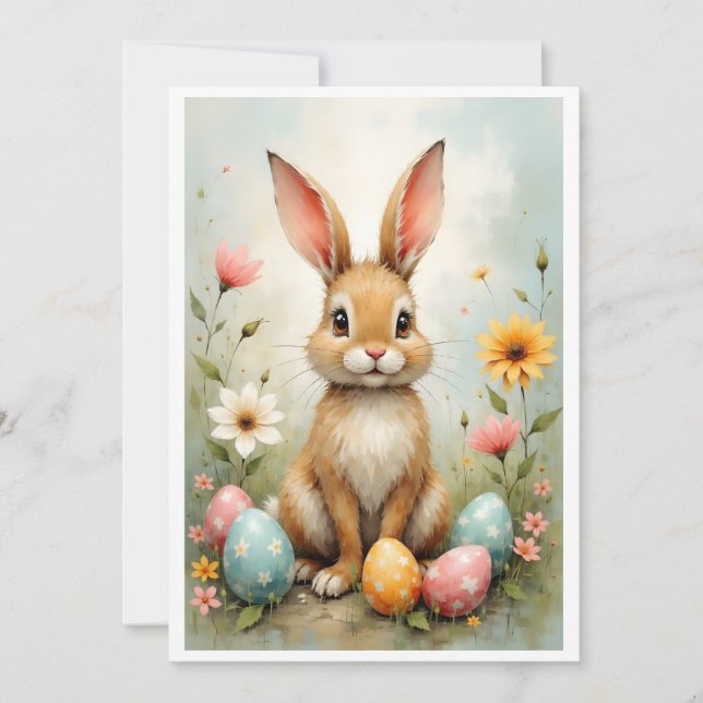 Cute Easter Bunny Eggs Flowers Flat Card (Front)