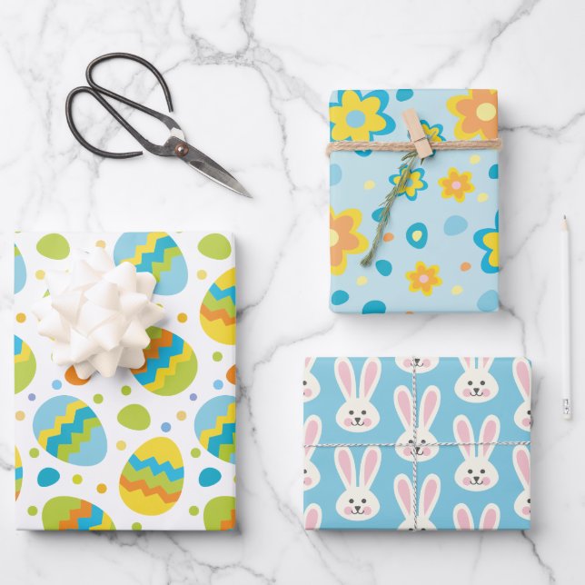 Cute Easter Bunny Eggs Flowers  Wrapping Paper Sheet (Front)