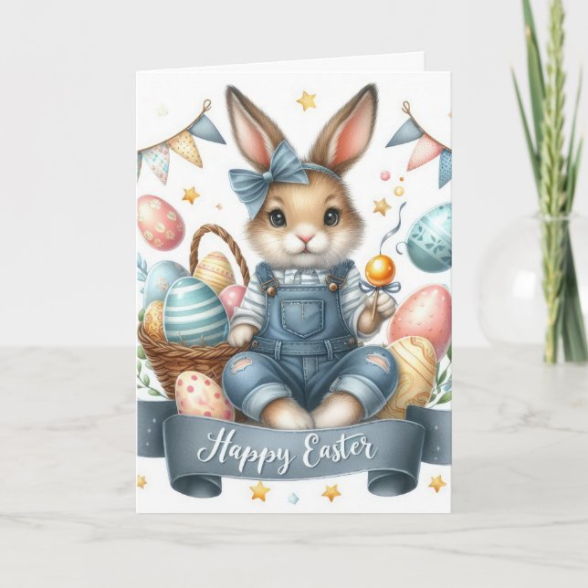 Cute Easter Bunny Eggs Holiday Card (Front)