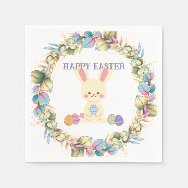 Cute Easter Bunny Eggs Wreath Yellow Pink Green  Napkin (Front)
