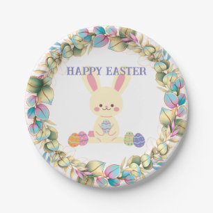 Cute Easter Bunny Eggs Wreath Yellow Pink Green Paper Plate
