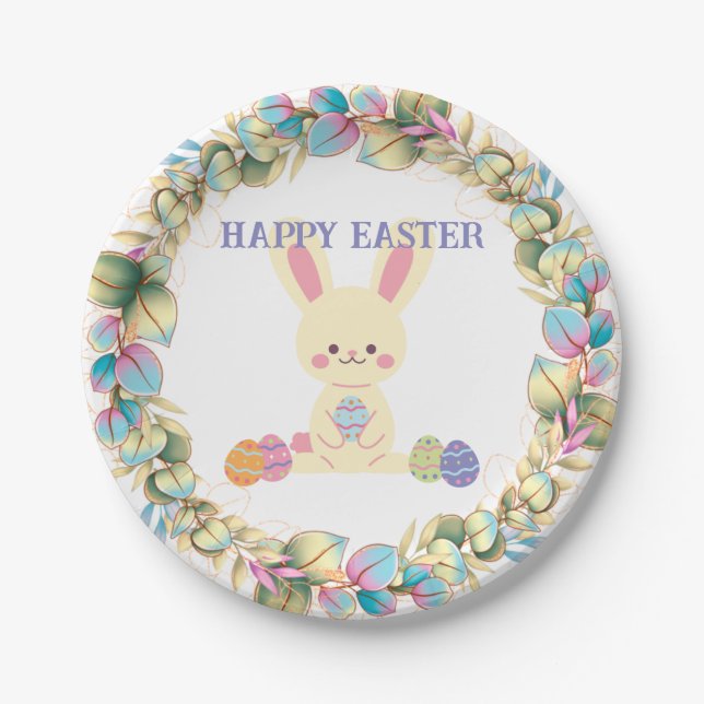 Cute Easter Bunny Eggs Wreath Yellow Pink Green Paper Plate (Front)