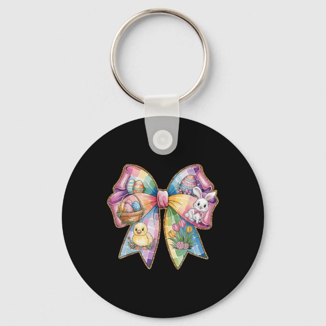 Cute Easter Bunny Face Coquette Bow Easter Day Gir Key Ring (Front)