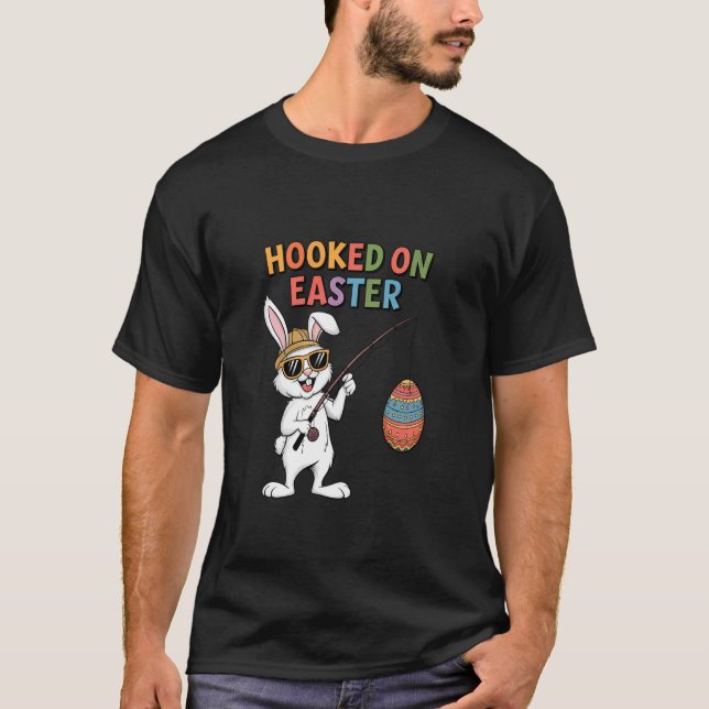 Cute Easter Bunny Fishing catching Eggs Fun Holida T-Shirt (Front)
