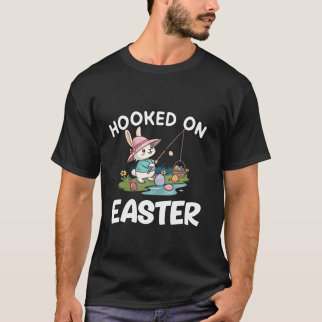 Cute Easter Bunny Fishing for Eggs Fun easter holi T-Shirt (Front)