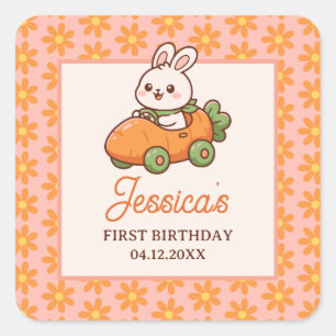 Cute Easter Bunny Floral 1st Birthday Party Square Sticker