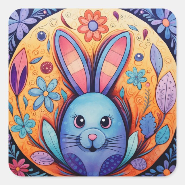 Cute Easter Bunny Floral Spring Square Sticker (Front)