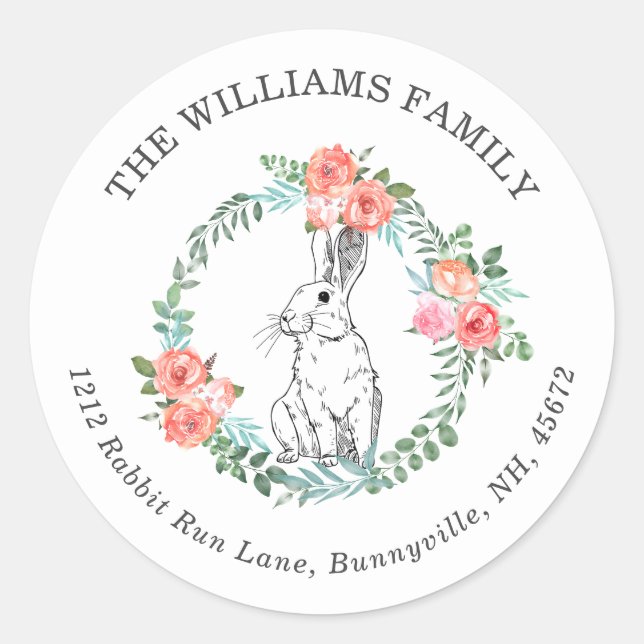 Cute Easter Bunny Flower Wreath Watercolor Classic Round Sticker (Front)