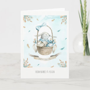 Cute Easter Bunny Flowers & Basket Happy Easter Holiday Card