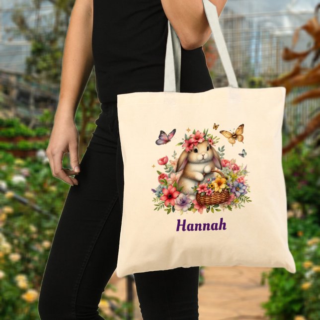  Cute Easter Bunny Flowers Custom Name Egg Hunt Tote Bag (Creator Uploaded)