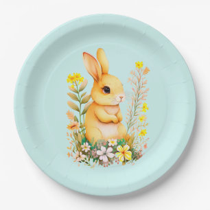 Cute Easter Bunny & Flowers on Light Blue Paper Plate
