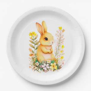 Cute Easter Bunny & Flowers on White Paper Plate