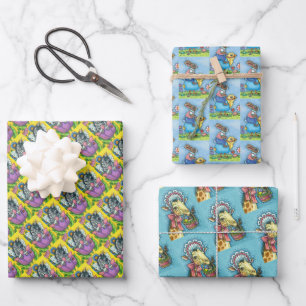 CUTE EASTER BUNNY, GIRAFFE, WHIMSY ZEBRA & TULIPS WRAPPING PAPER SHEET