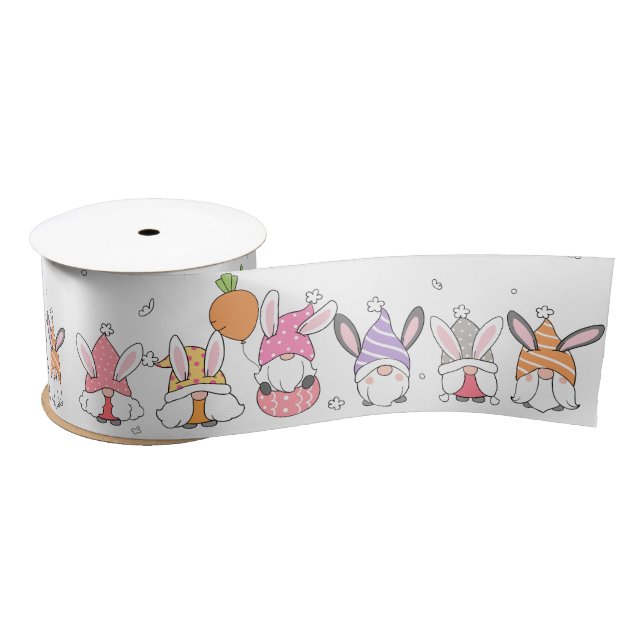 Cute Easter Bunny Gnomes Spring Flowers Eggs Satin Ribbon (Spool)