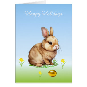 Cute Easter Bunny & Golden Egg on Light Blue