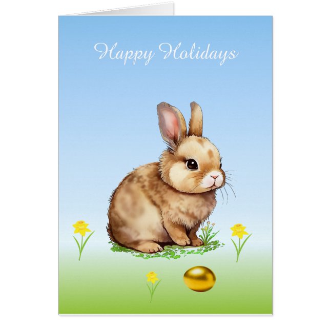 Cute Easter Bunny & Golden Egg on Light Blue (Front)