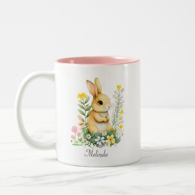 Cute Easter Bunny & Heart Personalised Two-Tone Coffee Mug (Left)