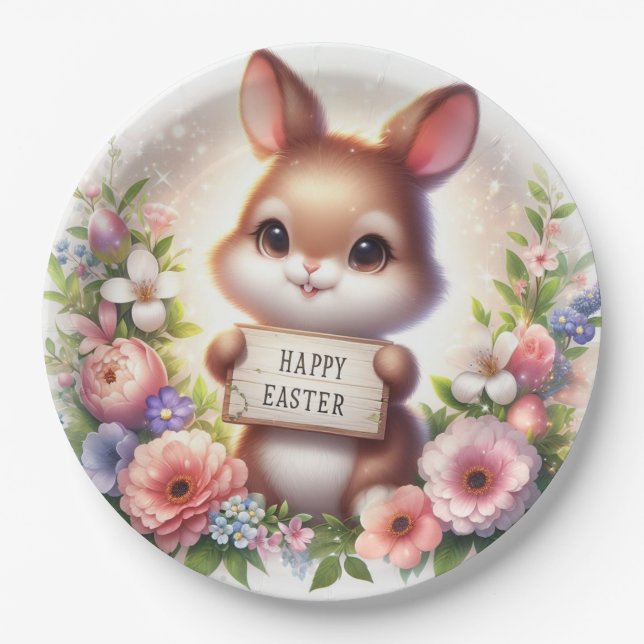 Cute Easter Bunny Holding an Easter Sign  Paper Plate (Front)