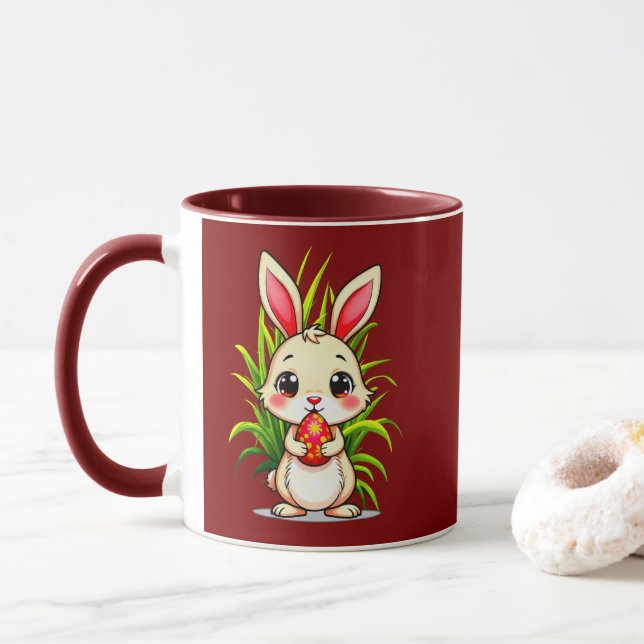 Cute Easter Bunny Holding Egg - mug (With Donut)