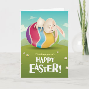 Cute Easter Bunny Hugging Striped Egg Holiday Card