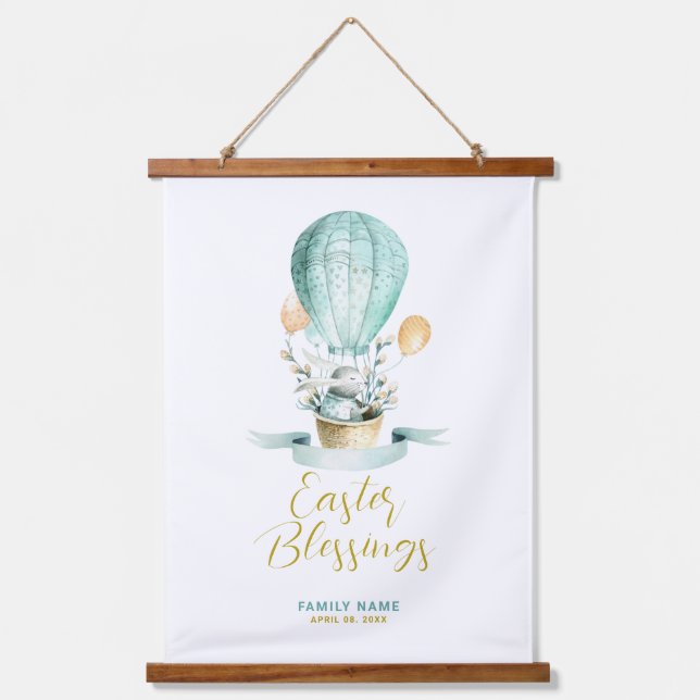 Cute Easter Bunny in a Hot Balloon, Custom Text Hanging Tapestry (Front)