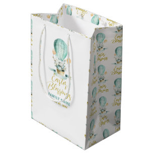 Cute Easter Bunny in a Hot Balloon, Custom Text Medium Gift Bag