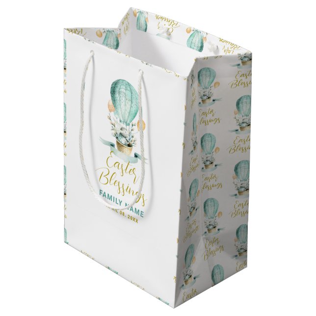 Cute Easter Bunny in a Hot Balloon, Custom Text Medium Gift Bag (Back Angled)