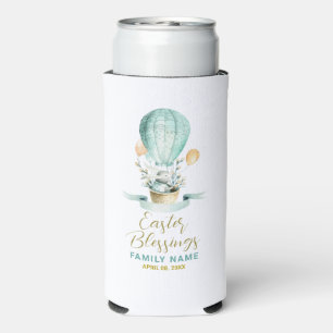 Cute Easter Bunny in a Hot Balloon, Custom Text Seltzer Can Cooler