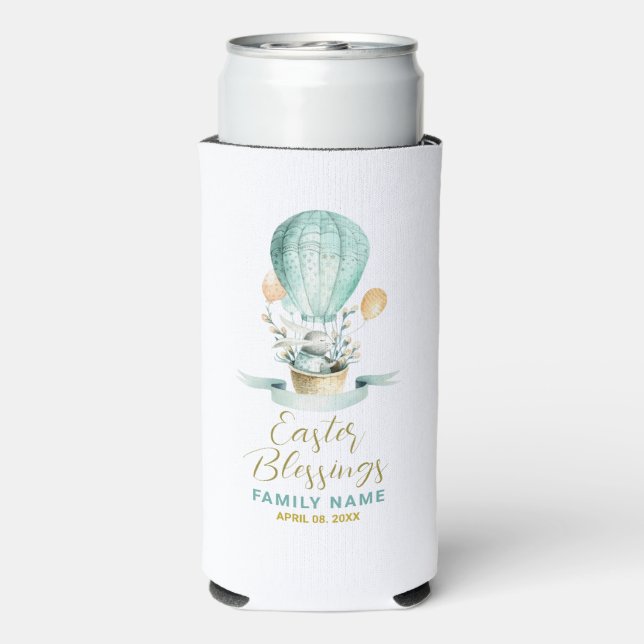 Cute Easter Bunny in a Hot Balloon, Custom Text Seltzer Can Cooler (Seltzer Back)