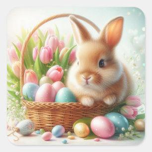 Cute Easter Bunny in a Whicker Basket Square Sticker