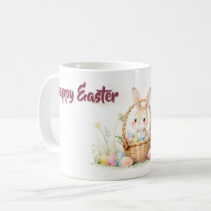 Cute Easter Bunny in Basket with Colourful Eggs Coffee Mug