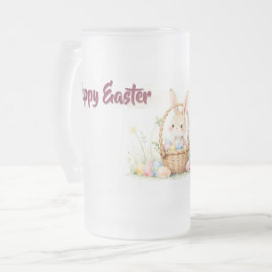 Cute Easter Bunny in Basket with Colourful Eggs Frosted Glass Beer Mug