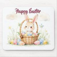 Cute Easter Bunny in Basket with Colourful Eggs